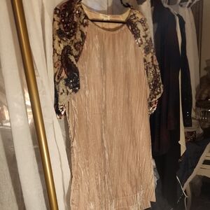 Elegant Beige Mini Dress with Embroidered Sleeves